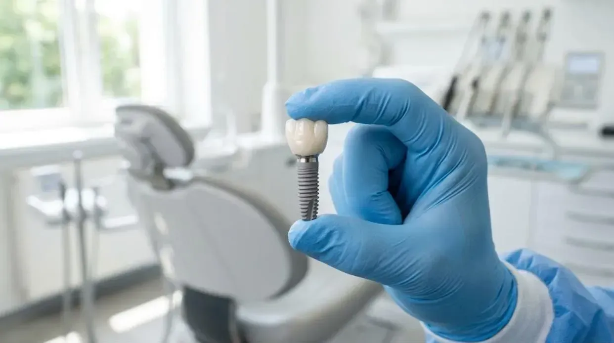 Single Tooth Implant: a single titanium dental implant with a natural-looking crown, held in a gloved hand