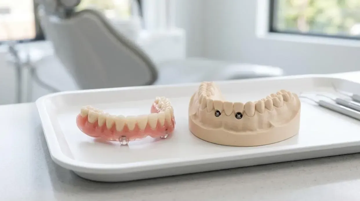 Snap-on denture beside a model of the lower jaw with two implant attachments, the denture that clips onto implants
