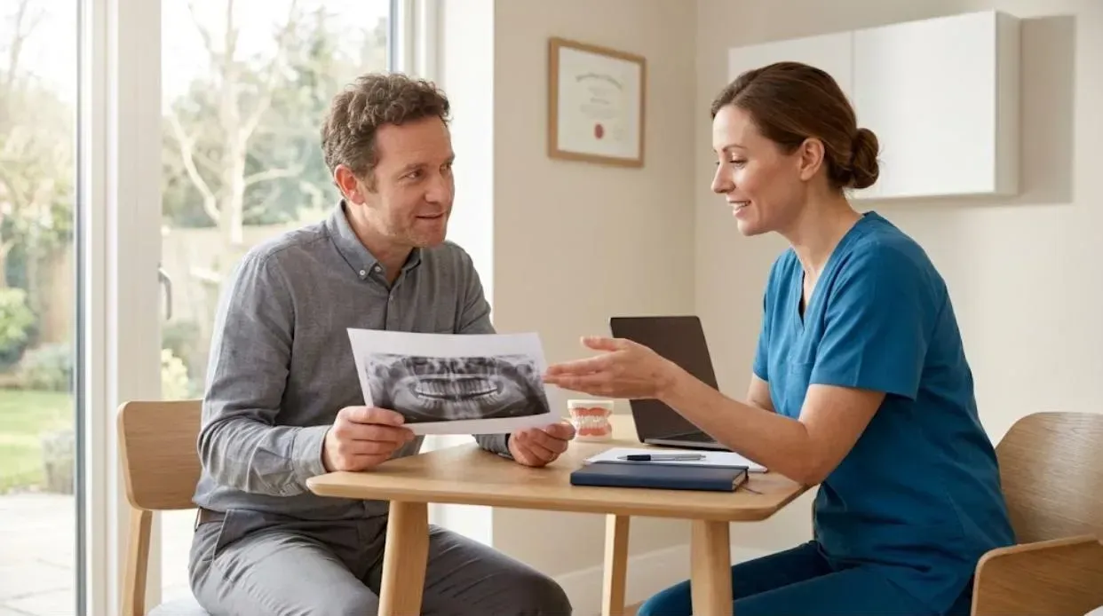 Am I a Candidate for Dental Implants: patient holding a dental x-ray while a dentist explains it