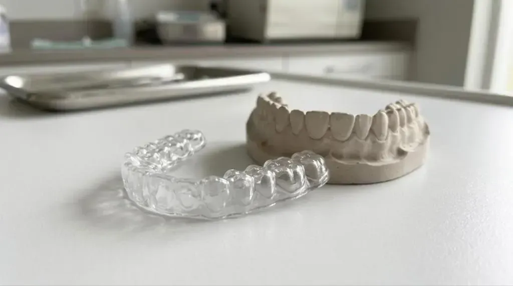 Clear custom nightguard for teeth grinding beside a dental model of the teeth on a dental office counter