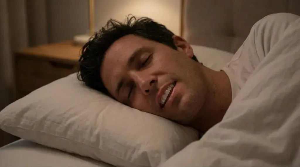 Man sleeping peacefully at night, the hours when a custom nightguard protects teeth from grinding and clenching