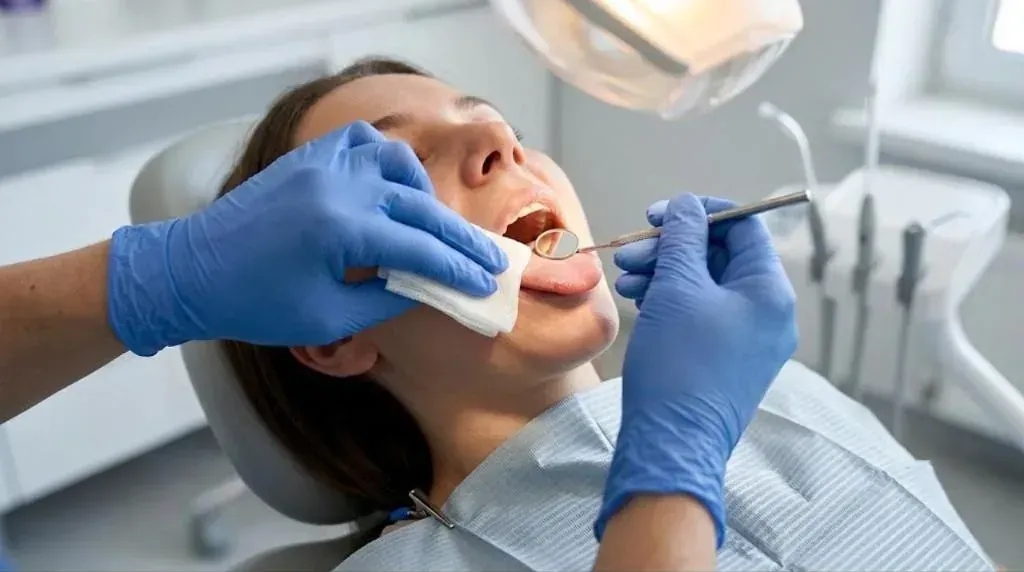 Oral Cancer Screening: gloved hands with gauze and a dental mirror checking a patient’s tongue