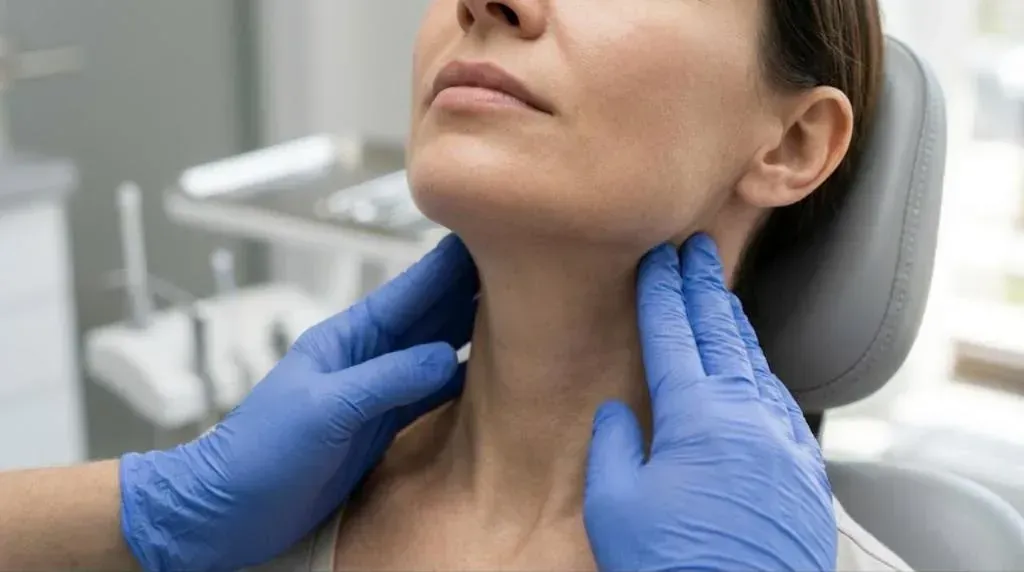 Gloved hands checking a patient’s neck and jaw by touch during the oral cancer screening at a dental exam