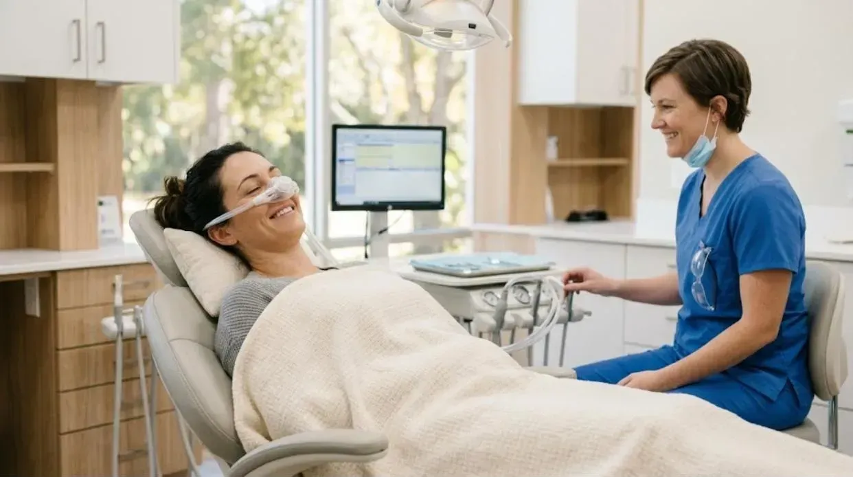 Smiling patient relaxing under a blanket with a nitrous oxide nose mask while a team member sits beside her