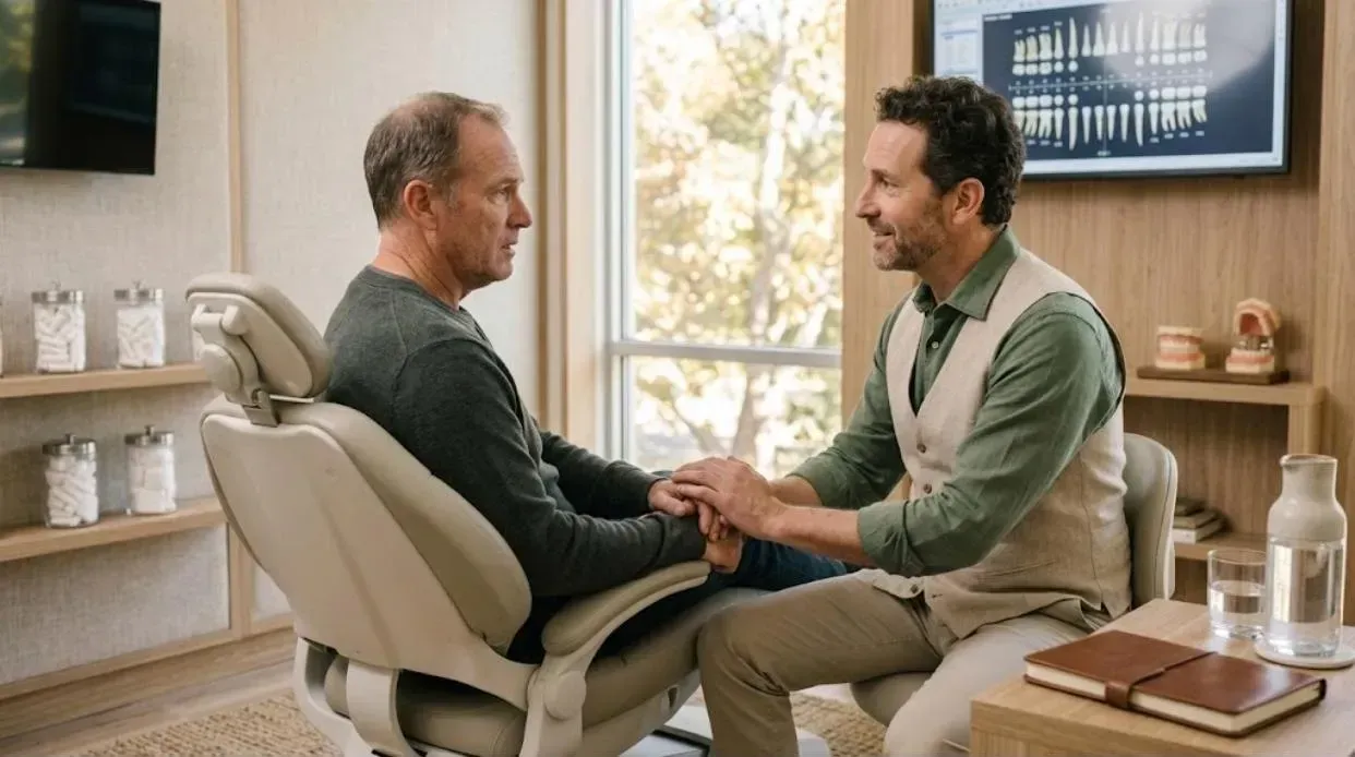 Dental Anxiety: a team member sitting at eye level and reassuring a nervous patient