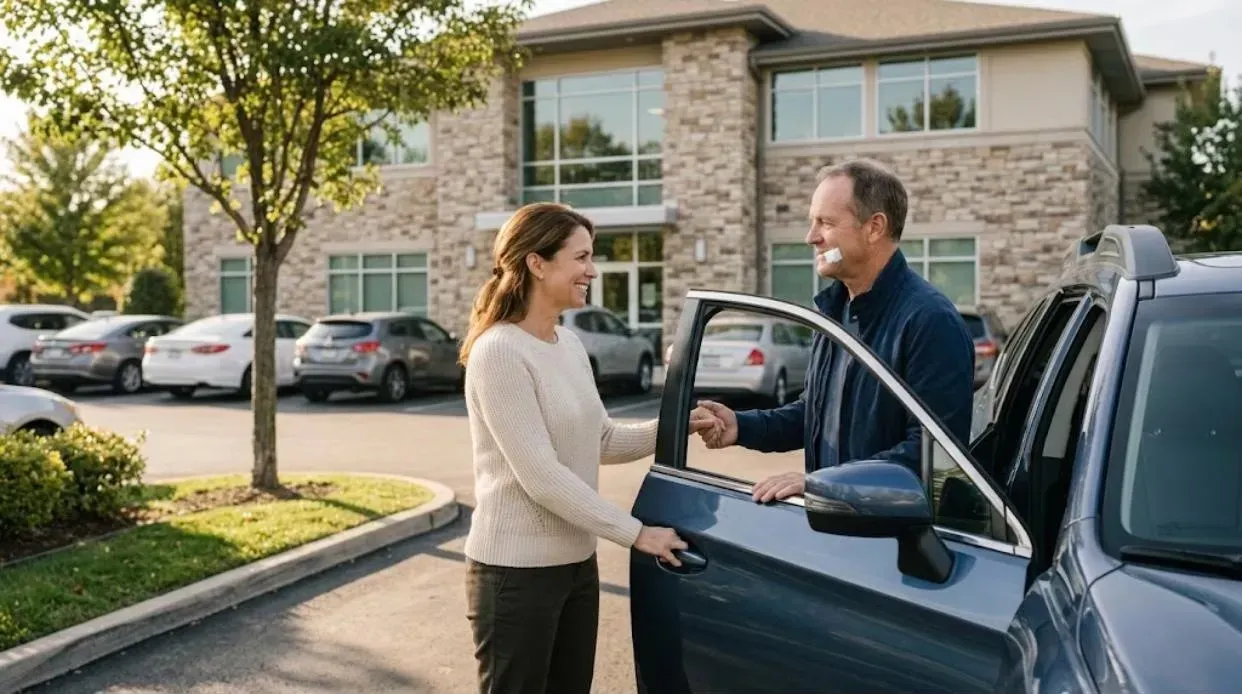 Oral Sedation Dentistry: woman opening the car door for her husband after his dental visit