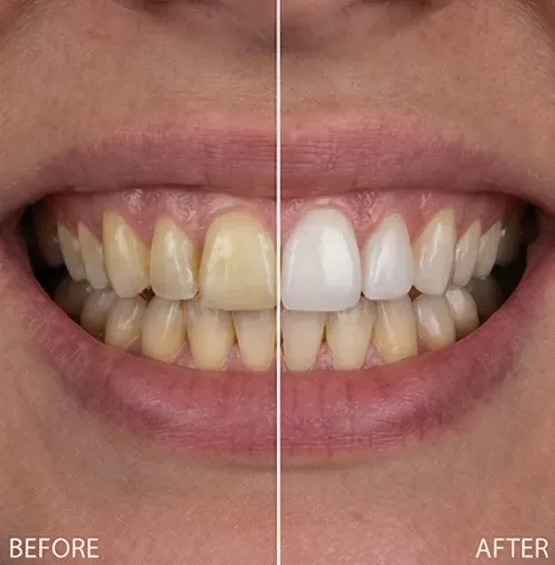 Before and after porcelain veneers brightening yellowed front teeth