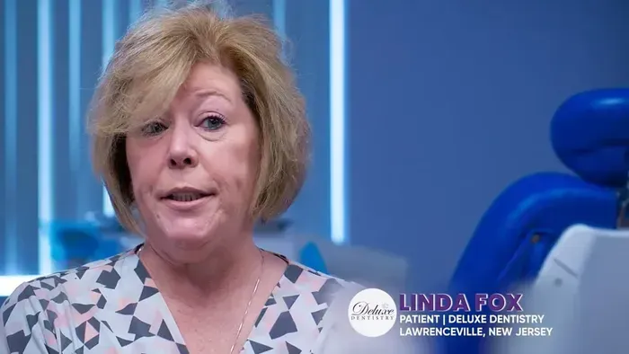 Linda talking about her dental implants, with her before and after, for patients exploring full arch dental implants