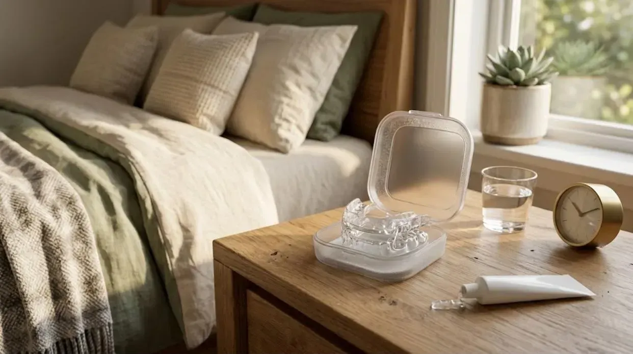 Custom oral sleep appliance in its case on a nightstand, from Deluxe Dentistry & Esthetics in Skillman and Lawrenceville, NJ