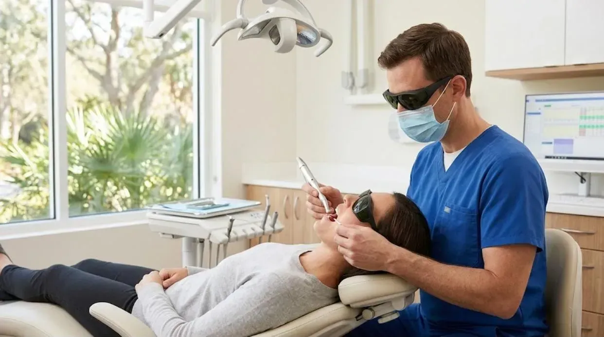 Patient in laser safety glasses during an in-office NightLase session for snoring treatment