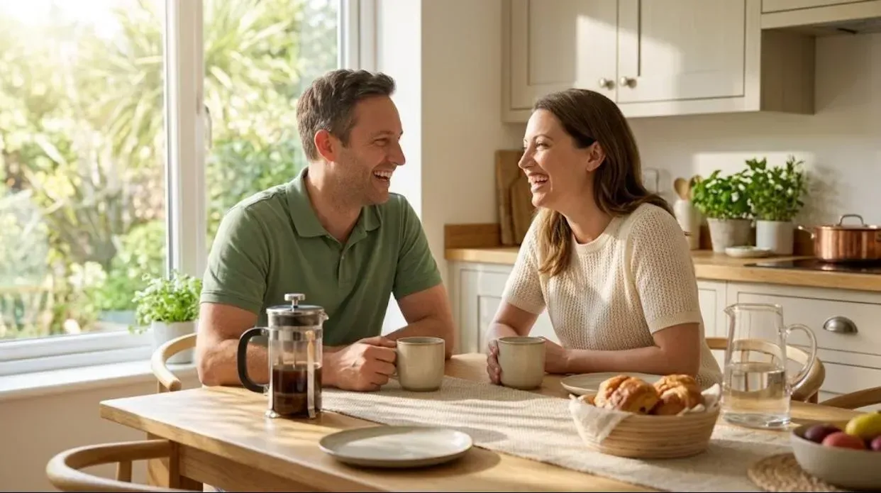 Rested couple laughing over breakfast after quieter nights with NightLase snoring treatment