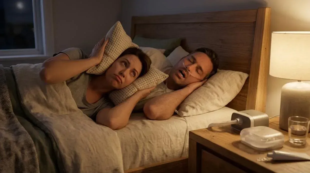 Woman covering her ears with a pillow while her partner snores, a common reason to see a sleep apnea dentist