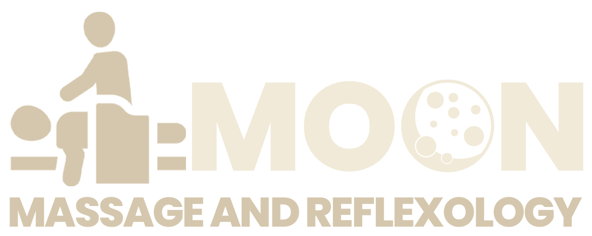 Logo for "MOON Massage and Reflexology" featuring a stylized person performing massage and a moon icon replacing the 'O'.