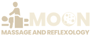 Logo for "MOON Massage and Reflexology" featuring a stylized person performing massage and a moon icon replacing the 'O'.
