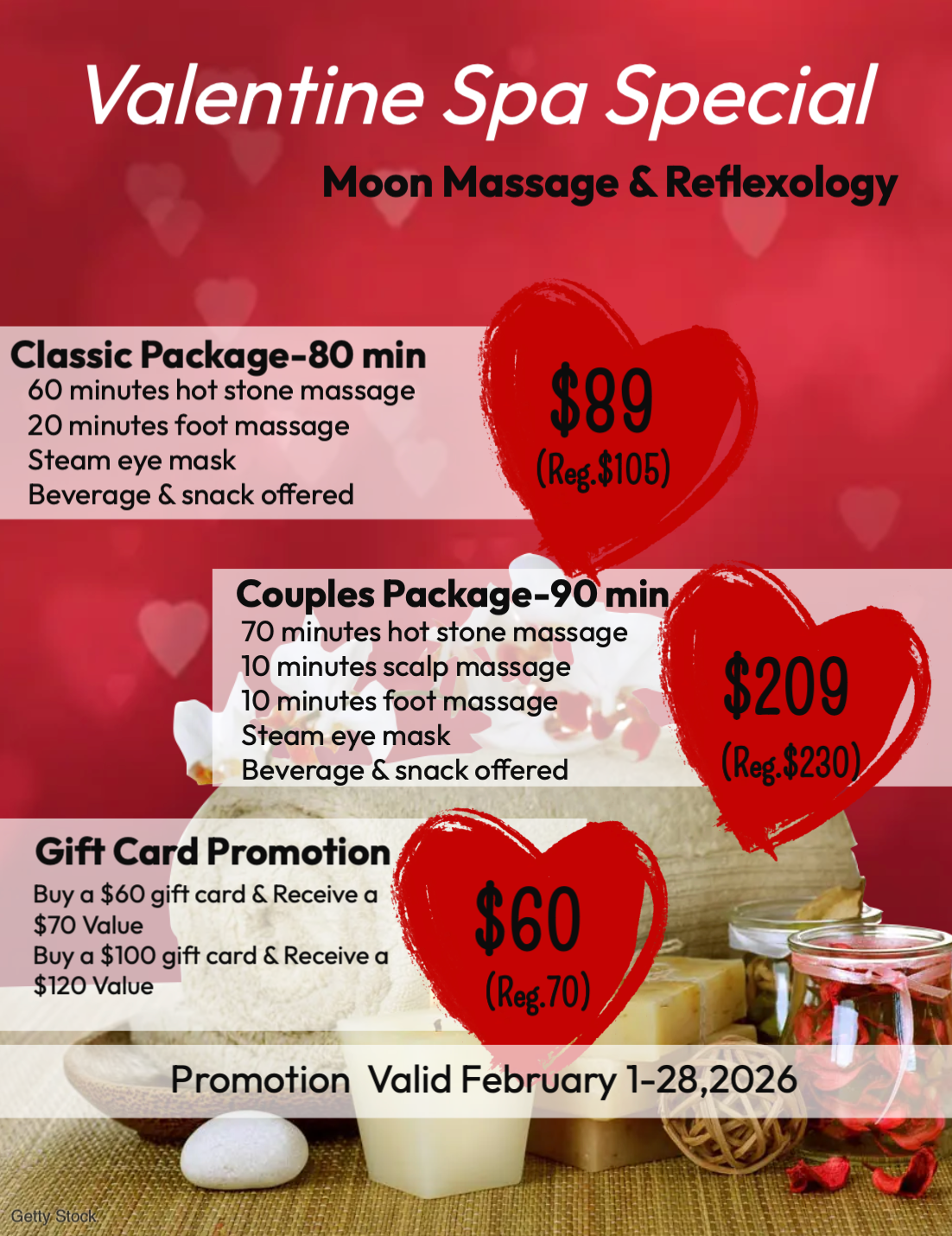 Valentine Spa Special flyer by Moon Massage & Reflexology listing discounted packages and gift card deals for February 2026.