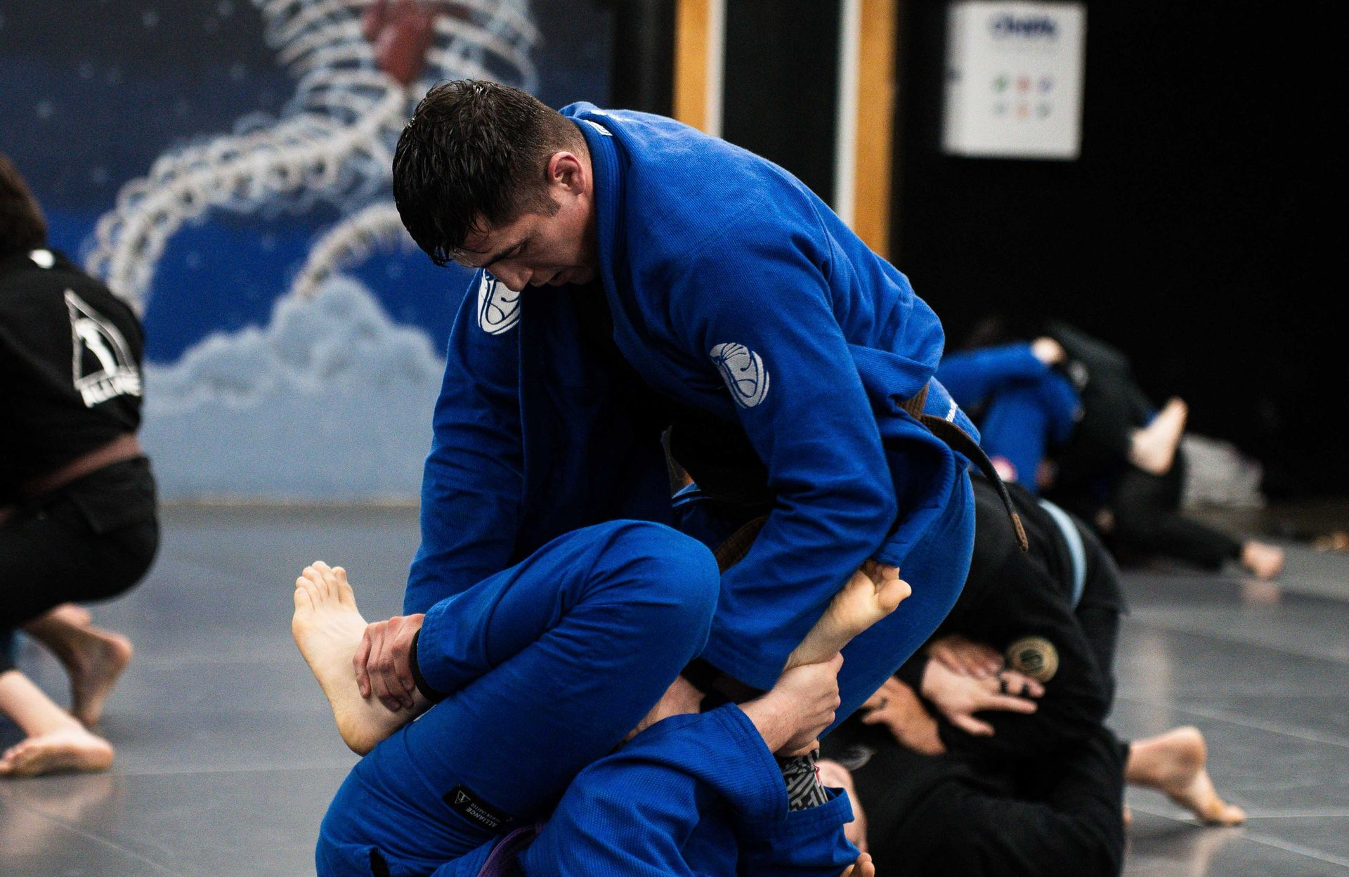 Adults practicing Brazilian Jiu Jitsu drills at Cobrinha Southwest in Las Vegas, NV for fitness.