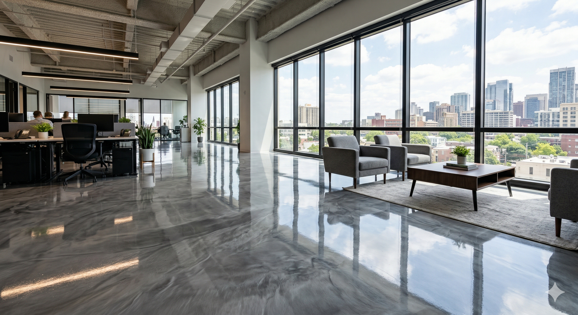 Modern office interior featuring a glossy grey floor, workstations, and a lounge area with city views through large windows.