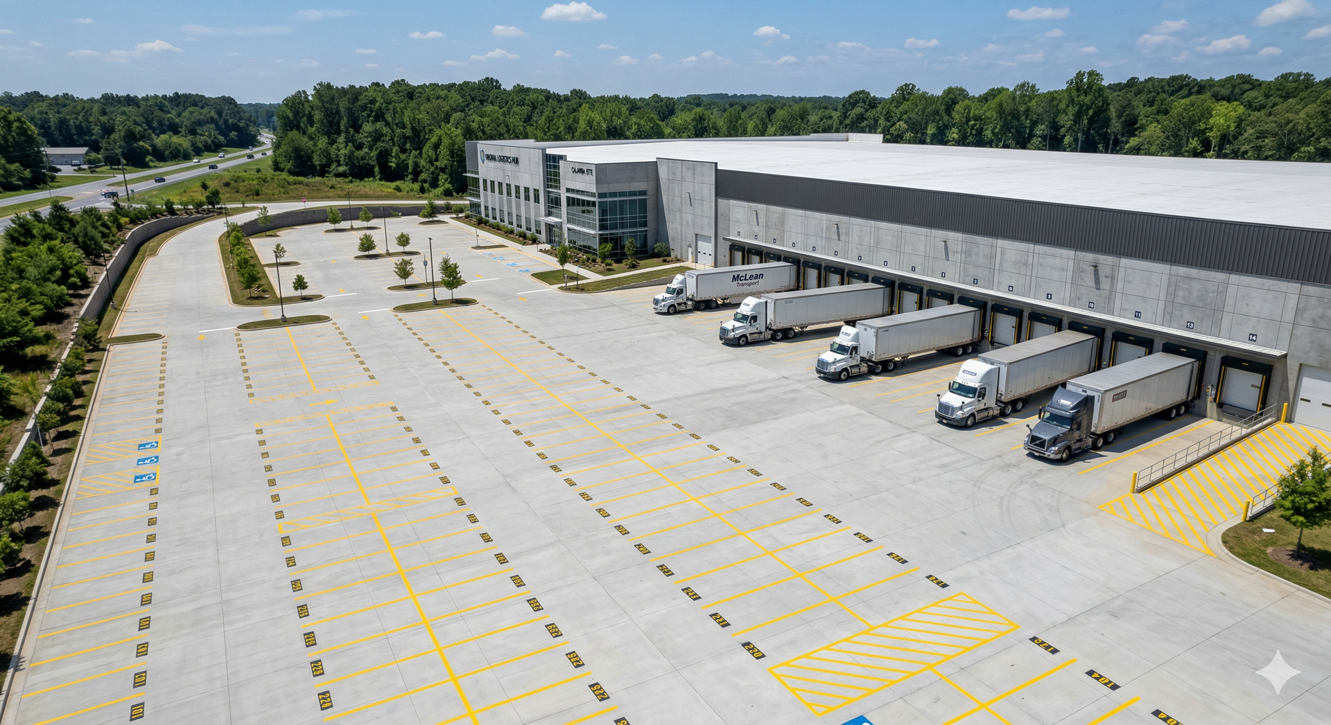 Aerial view of a large warehouse with several semi-trucks parked at loading docks, next to a vast empty parking lot.