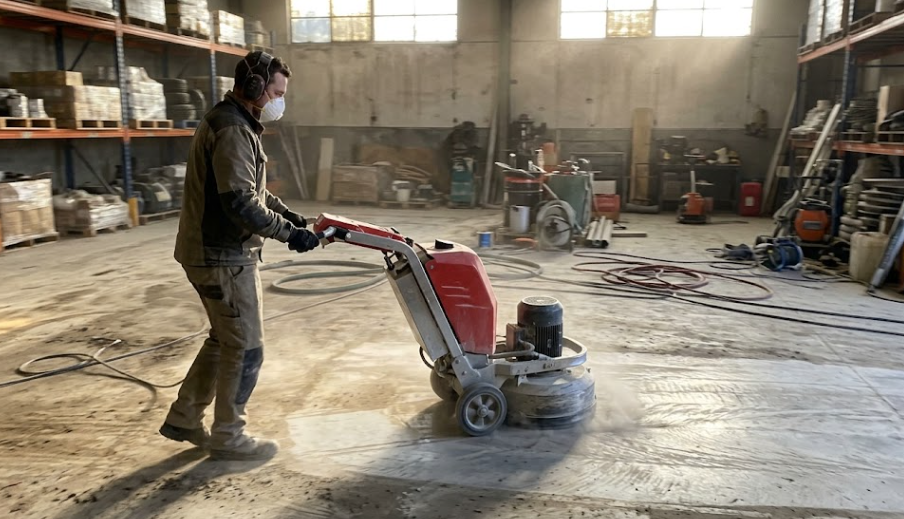 Skyline Concrete and Construction team member using a floor grinder to prep a commercial concrete floor.