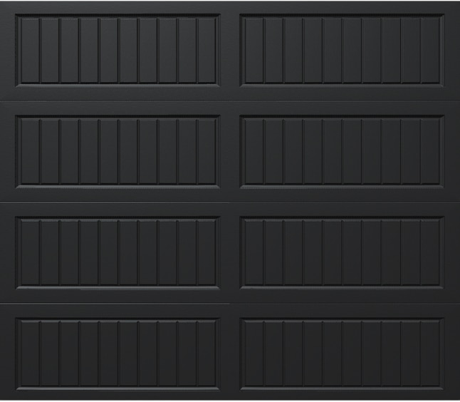 Black garage door with rectangular panels and vertical grooves.