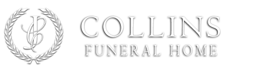 Collins Funeral Home logo with silver laurel wreath and serif text on a white background