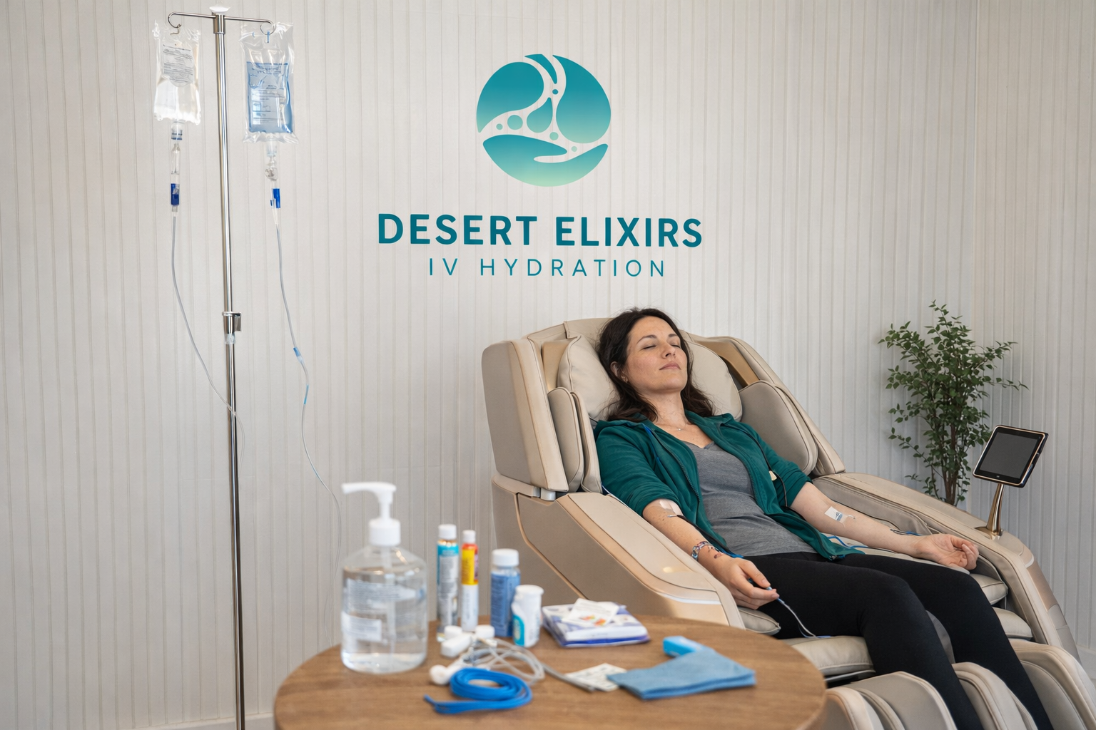 Woman relaxing in a massage chair receiving IV hydration