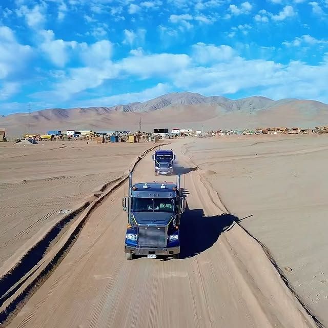 Dos camiones circulan por un camino de tierra en el desierto.