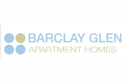 Logo for Barclay Glen Apartment Homes. Light blue and gold circles with text.