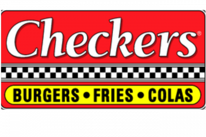 Checkers restaurant logo: red background with white "Checkers" text, checkerboard stripe, and yellow "BURGERS • FRIES • COLAS."