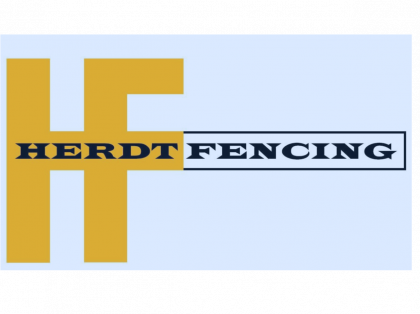 Yellow "HF" logo with "HERDT FENCING" text, white and blue background.