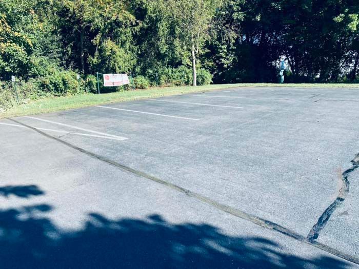 Empty asphalt parking lot with white lines, trees in background.