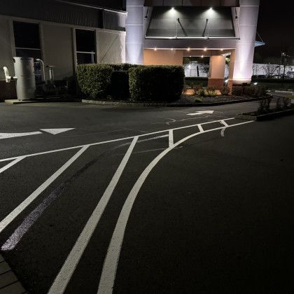 Dark asphalt driveway marked with white lines, leading to a building entrance at night.