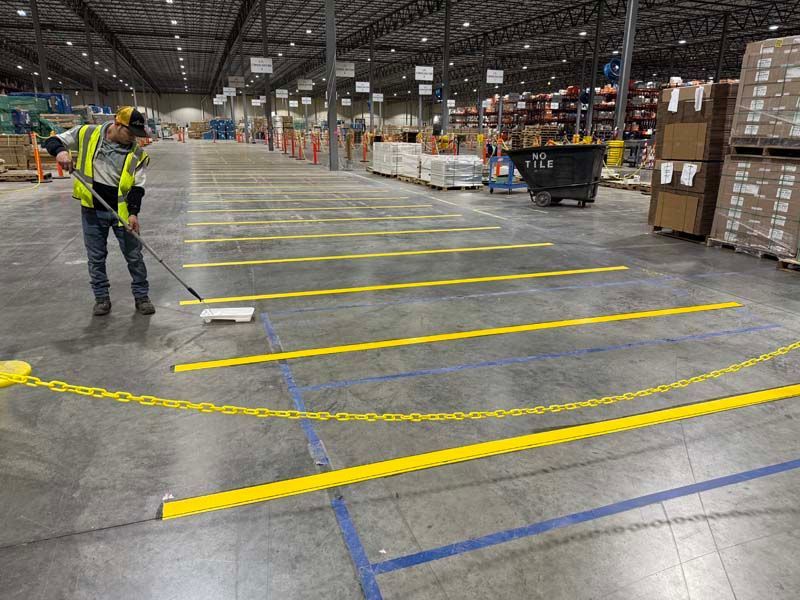 Person painting yellow lines on a warehouse floor. Safety chains and pallets visible.