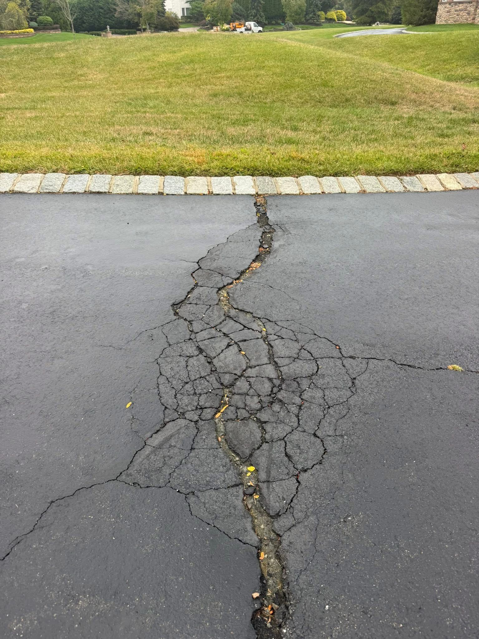 Cracked asphalt road leading to a grassy curb and lawn in the background