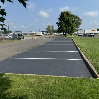 Empty parking spaces with white lines on asphalt, bordered by grass, with a tree in the background.