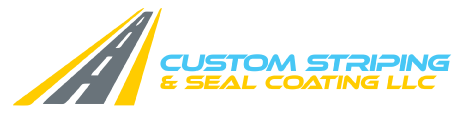 Logo for Custom Striping & Seal Coating LLC: stylized road with blue and yellow text.