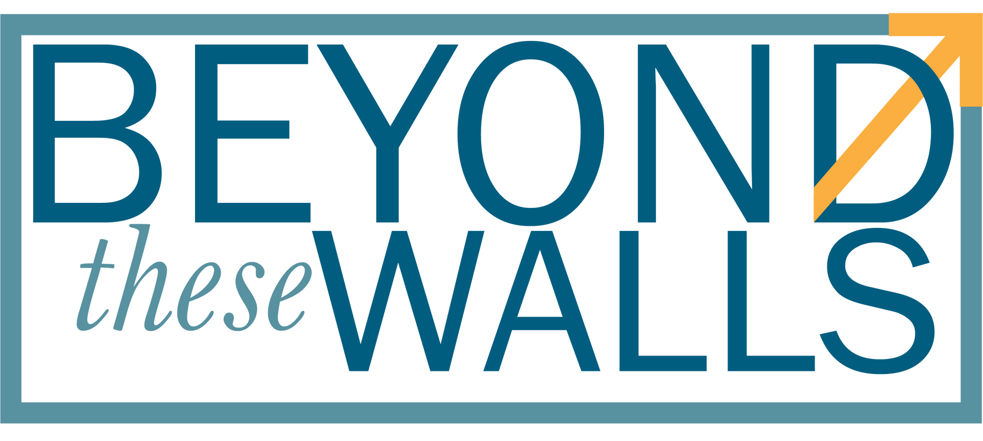 Beyond these Walls building campaign logo. A blue box with a gold arrow pointing outside of the box. 