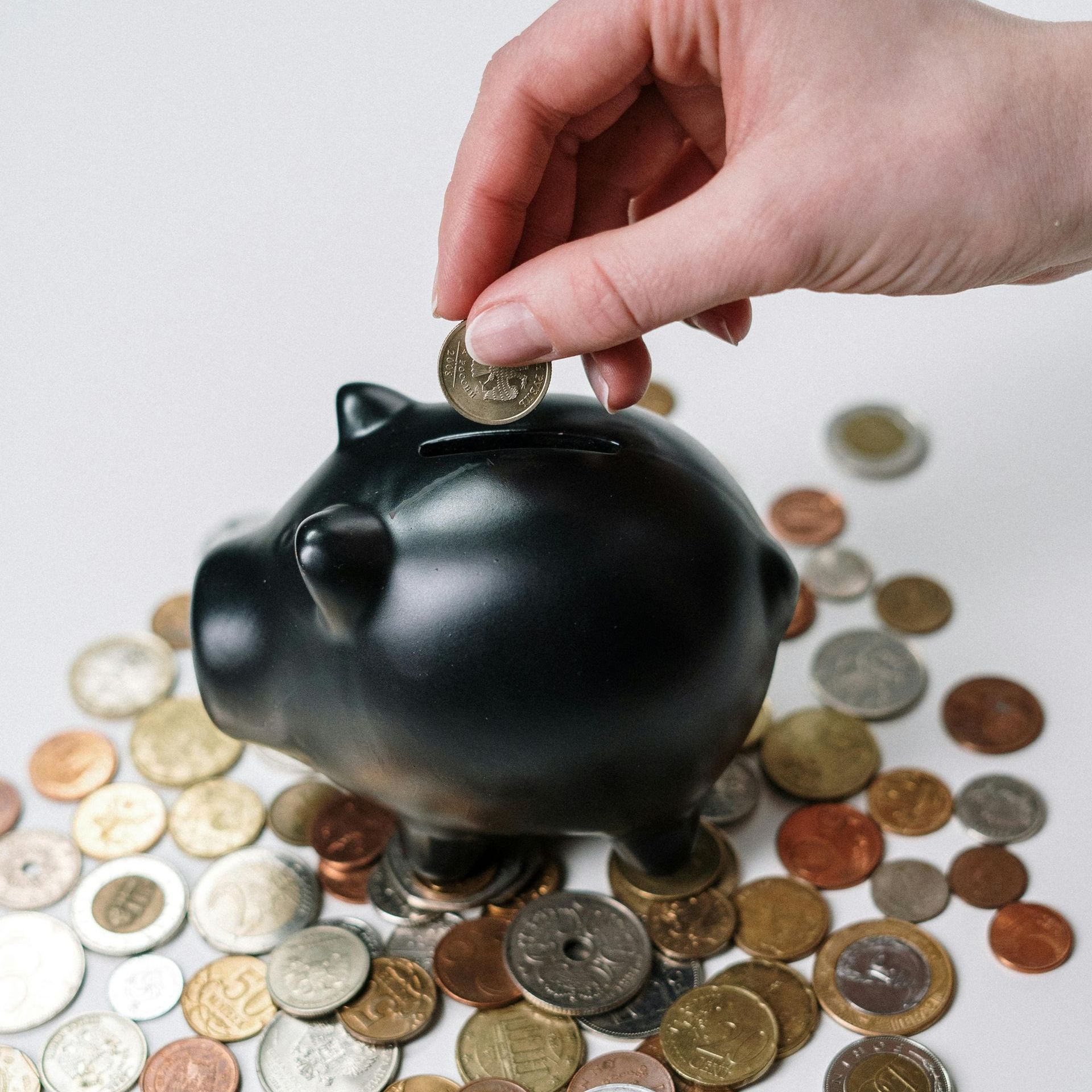 A person is putting a coin into a black piggy bank  for Fraser Corporate Finance.
