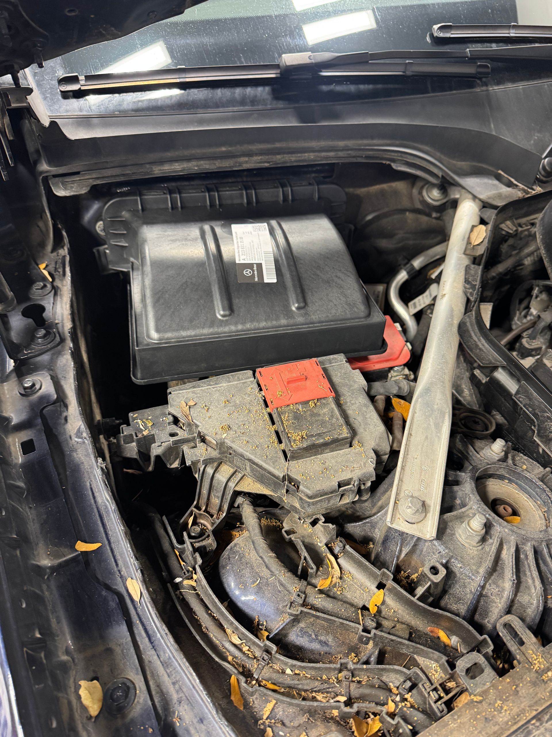 The inside of a dirty engine bay