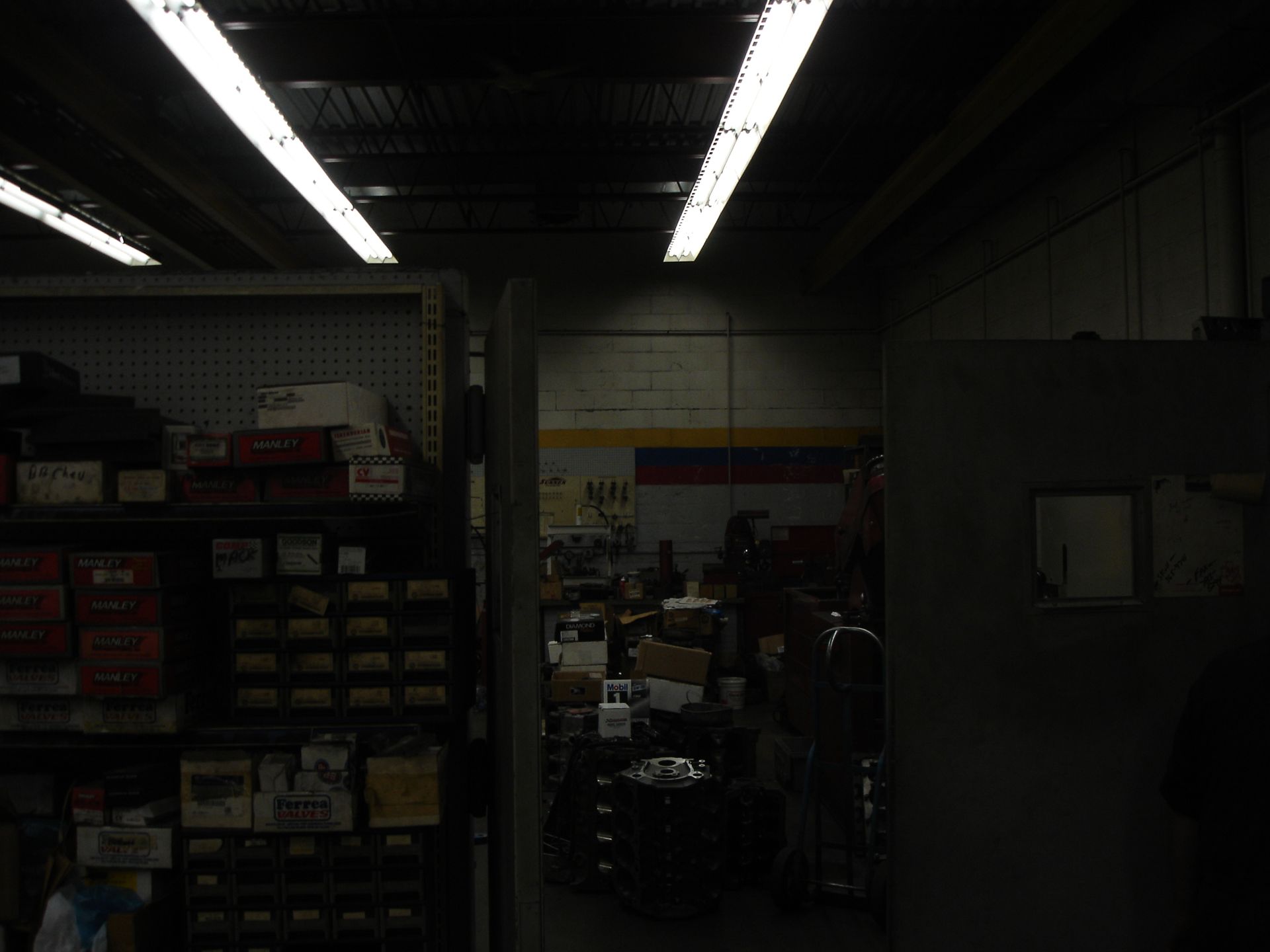 A dark room with a sign that says nh on it