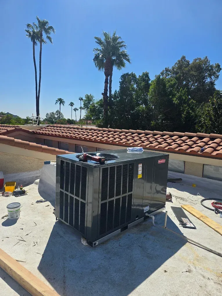 Outdoor HVAC unit on a rooftop with palm trees and blue sky in the background