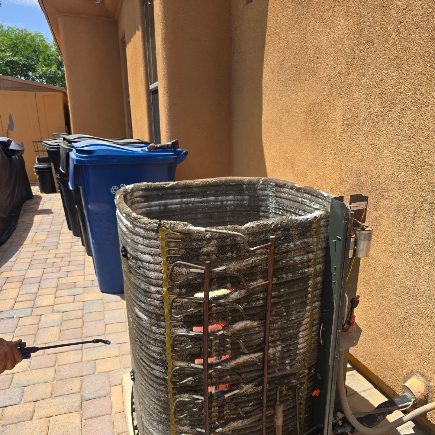Outdoor walkway beside a tan wall with blue trash bins and a large woven basket in the foreground