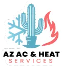 AZ AC & HEAT SERVICES logo with blue cactus and snowflake, red flame, and black-and-red text