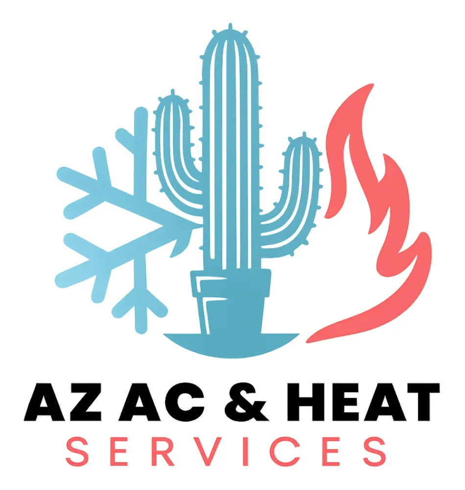 AZ AC & HEAT SERVICES logo with blue cactus and snowflake, red flame, and black-and-red text