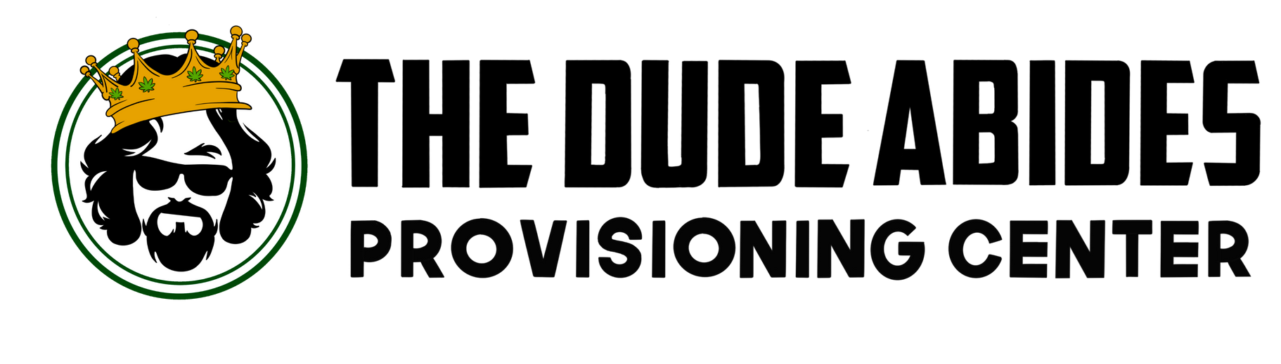 Logo for "The Dude Abides Provisioning Center," featuring a crowned, sunglasses-wearing character within a green circle.