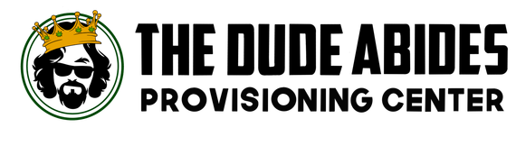 Logo for "The Dude Abides Provisioning Center," featuring a crowned, sunglasses-wearing character within a green circle.