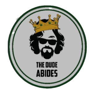 A logo for the dude abides with a man wearing a crown