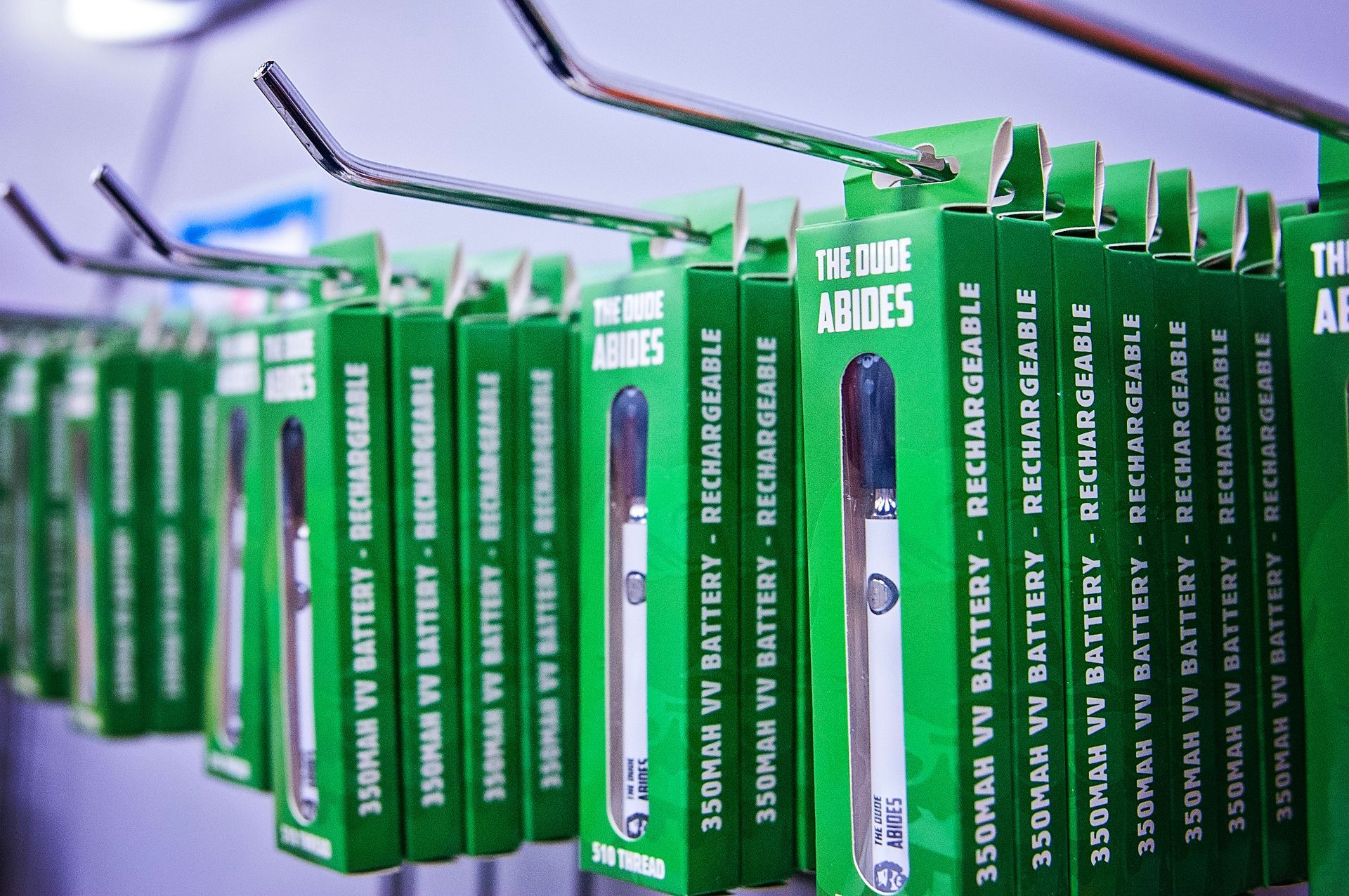 A row of green boxes with the word rechargeable on them