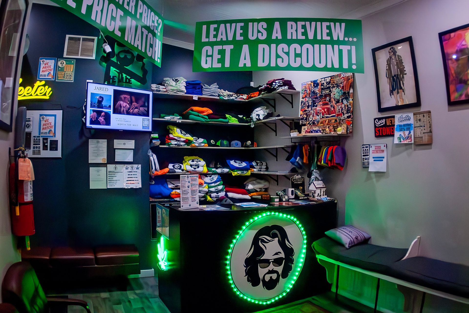 A store front with a sign that says `` leave us a review ... get a discount ! ''