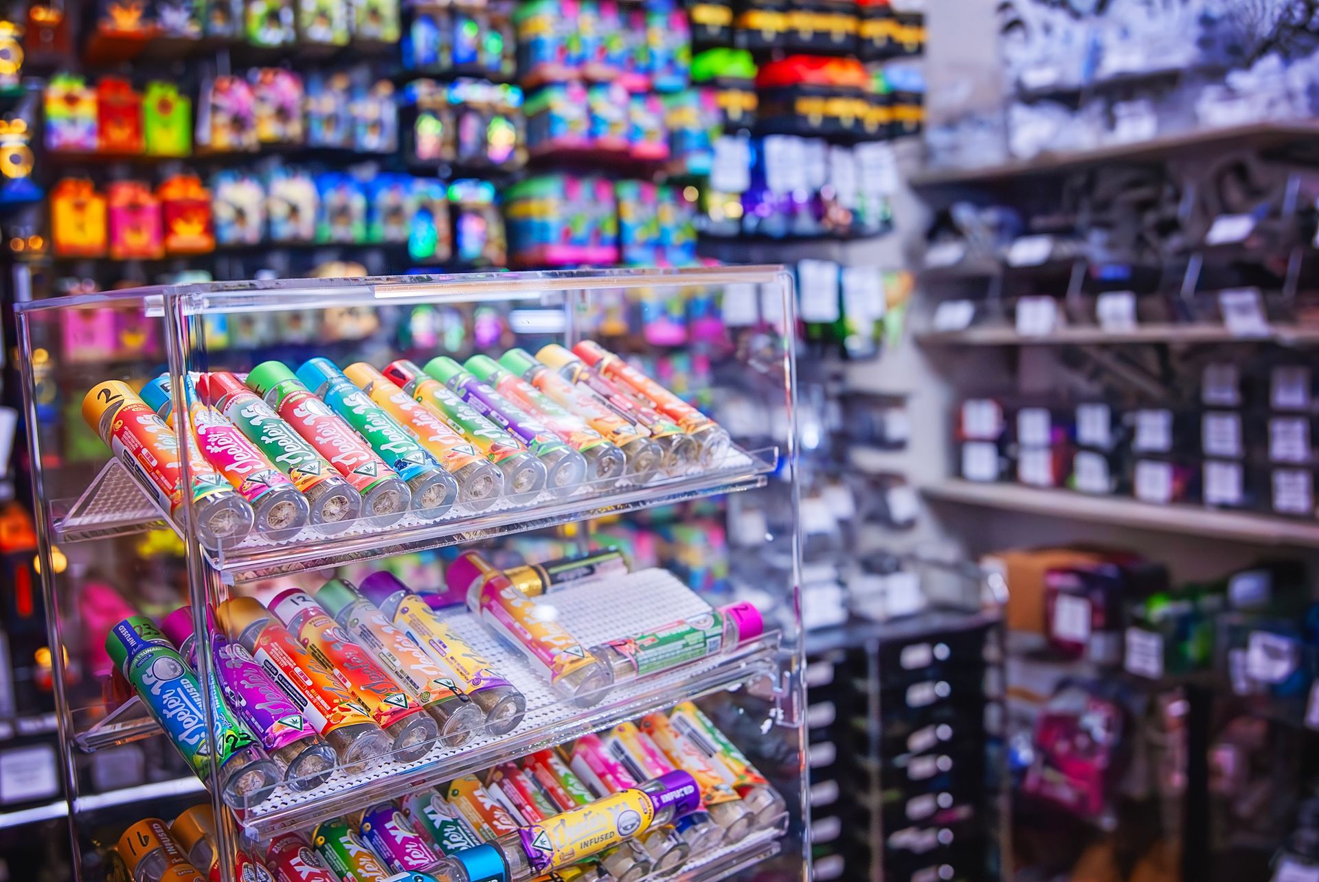 There are many different types of candy on display in a store.